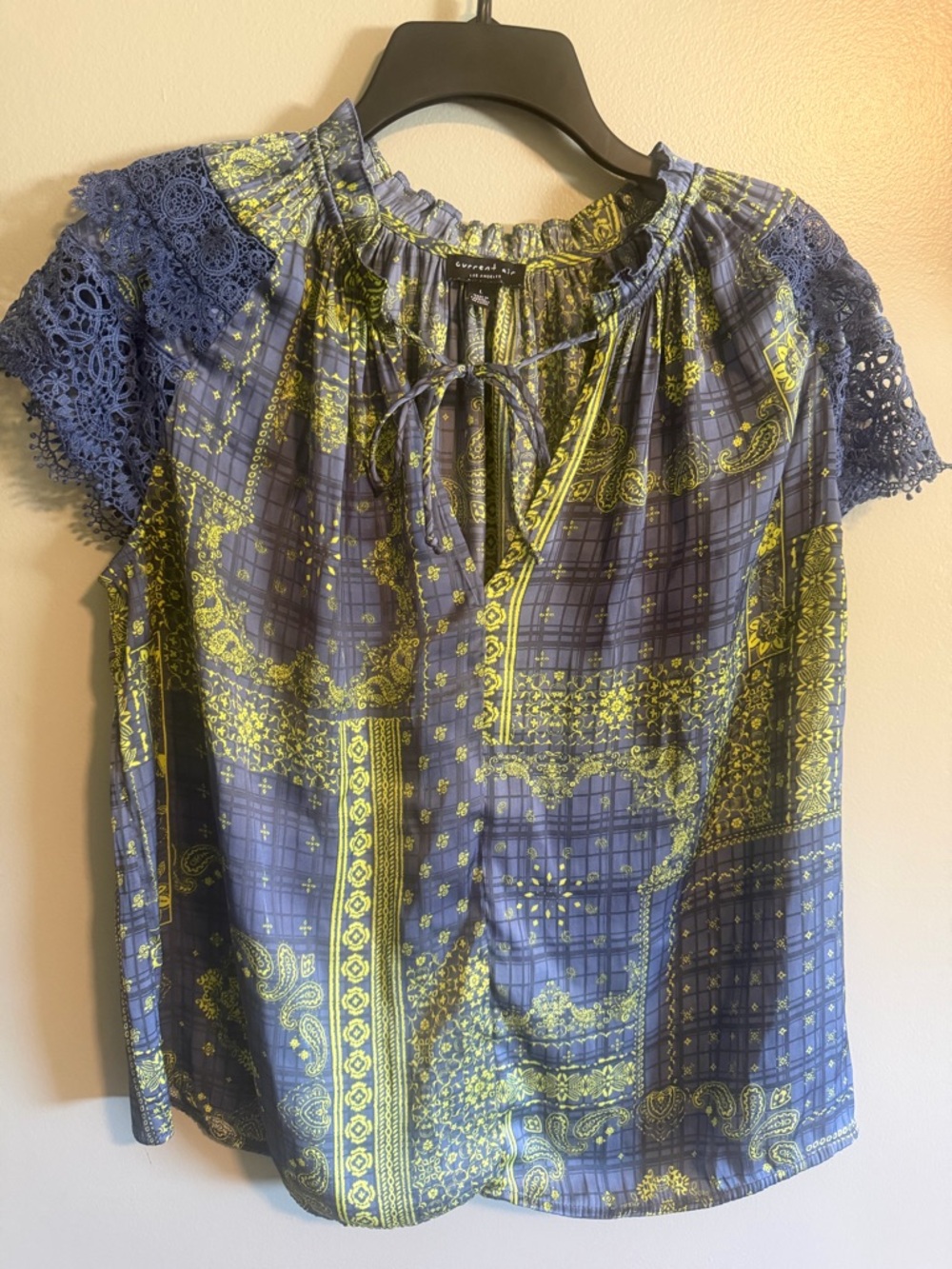 Anthropologie Current Air Bandana Blue Neon yellow Lace Sleeve Blouse large